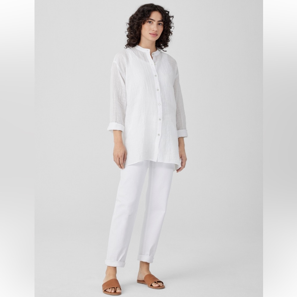 NWT EILEEN FISHER Linen Cotton Sheer Check Mandarin Collar Shirt - Picture 2 of 10